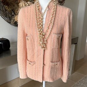Vintage Adolfo Light Peach Bouclรฉ Blazer with Pearl-Button Pockets, size S